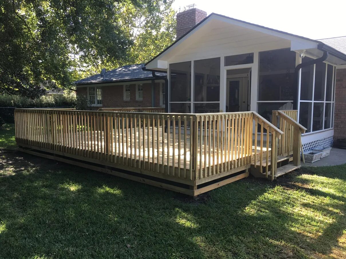 Finished backyard deck with railing